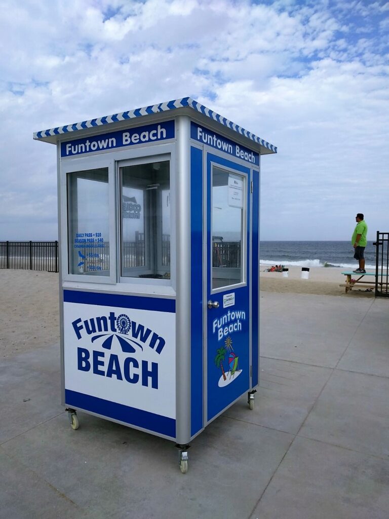 4x4 Ticket Booth in Seaside Park, NJ on the Beach with Caster Wheels, Swing Door, Sliding Window, Built-in AC,and Breaker Panel Box