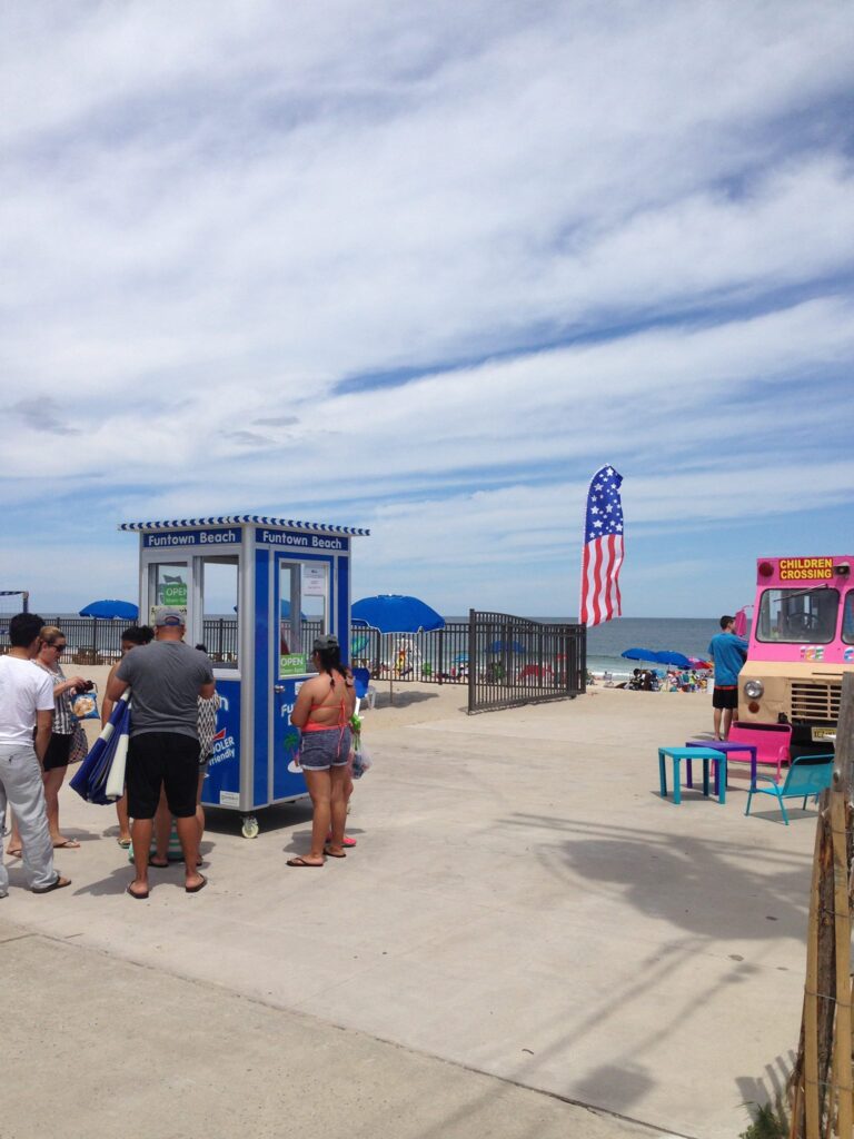 4x4 Ticket Booth in Seaside Park, NJ on the Beach with Caster Wheels, Sliding Window, Built-in AC,and Breaker Panel Box