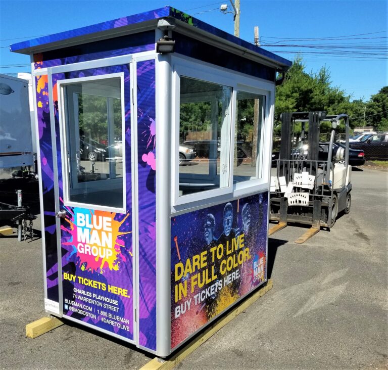 4x6 Ticket Booth in Boston, MA with Custom Graphics, Custom Exterior Color, Outside Spotlights, Swing Door