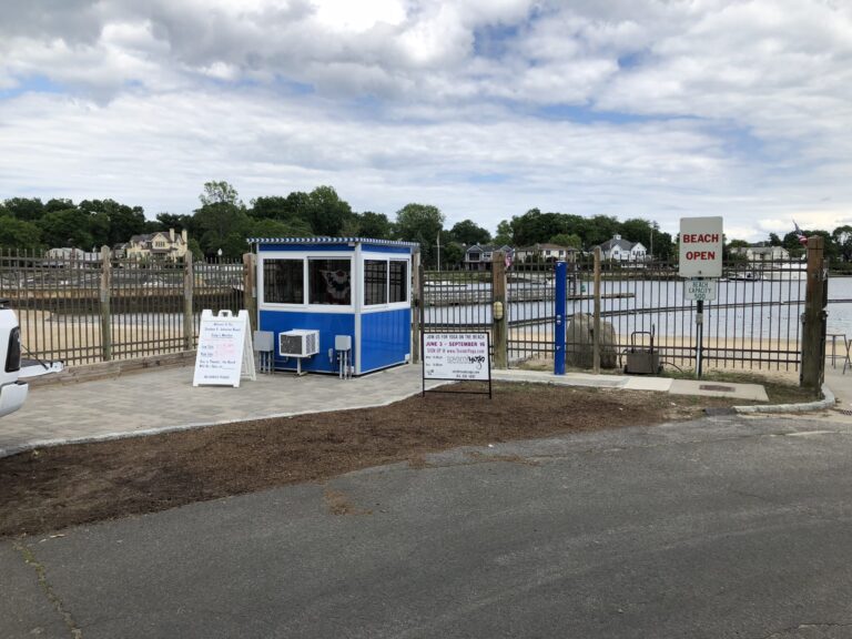 6x6 Ticket Booth In Mamaroneck, NY outside Beach entrance with Built-in AC, and Baseboard Heater, and Perimeter Security Fencing