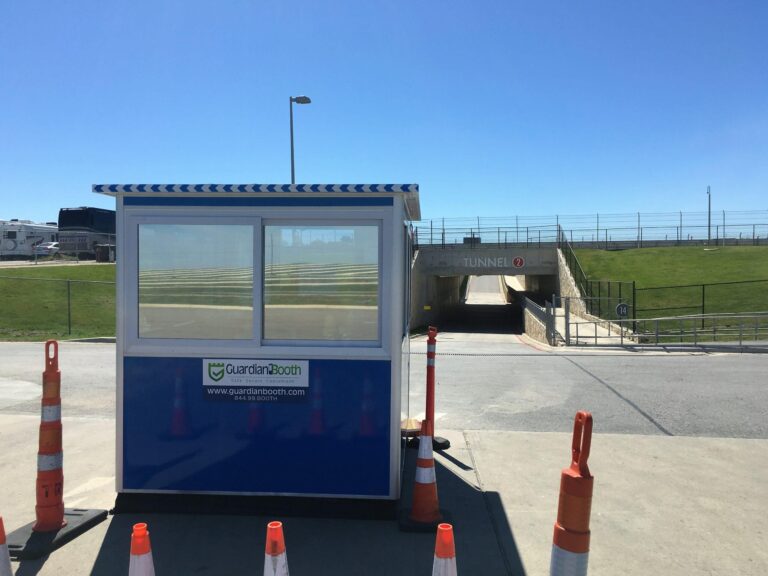 6x8 Ticket Booth in Austin, TX at The COTA Track, with Tinted Windows, Sliding Windows, and Perimeter Security Fencing
