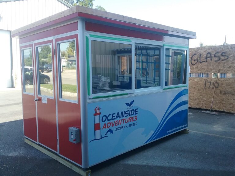 8x10 Ticket Booth in Oceanside, CA with Baseboard Heaters, Electric Disconnect Switch, Sliding Windows, and Swing Door