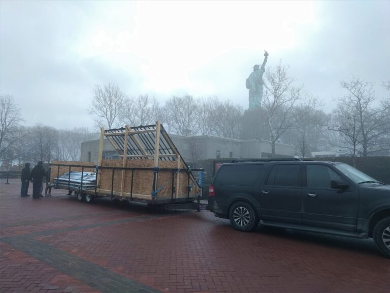 10x12 Booth Parts being Delivered in New York, NY at Statue of Liberty to be Assembled