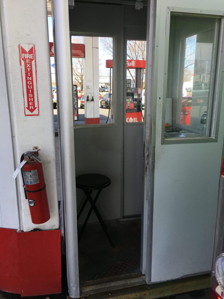 3x4 Gas Station Attendant Booth in Rutherford, NJ with sliding doors, fire extinguisher, and Fixed Windows