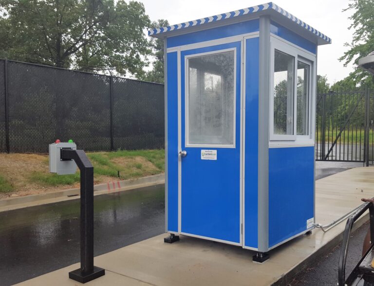 4x4 School Security Booth in Atlanta, GA controlling Front Gate with Intercom System, Sliding Windows, and Anchoring Brackets