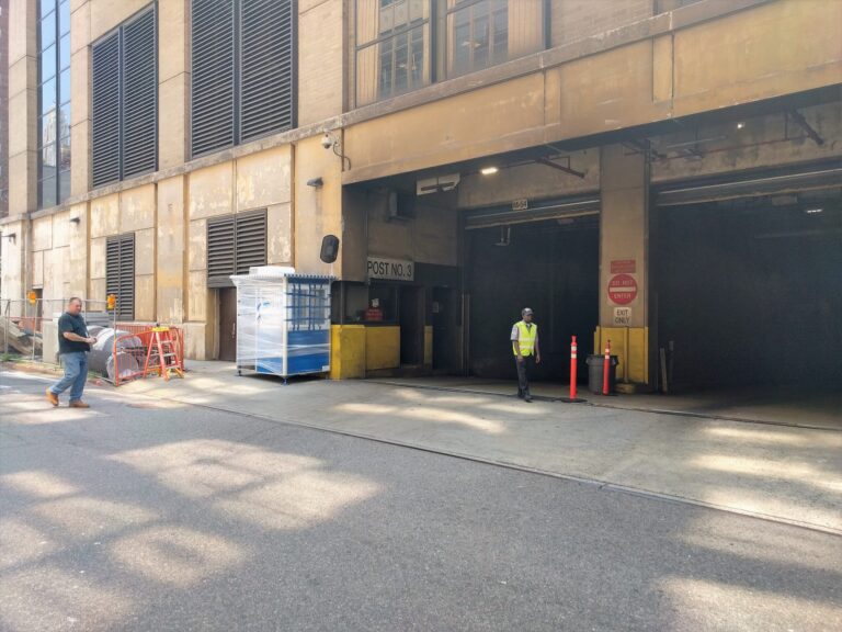 4x6 Front Entrance Booth Delivered in Manhattan, NY outside USPS with HVAC System, Anchoring Brackets, and Sliding Windows