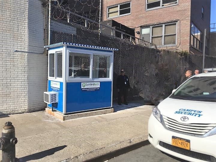 4x6 School Security Booth in New York, NY outside a University with Built-in AC, Baseboard Heaters, and Breaker Panel Box