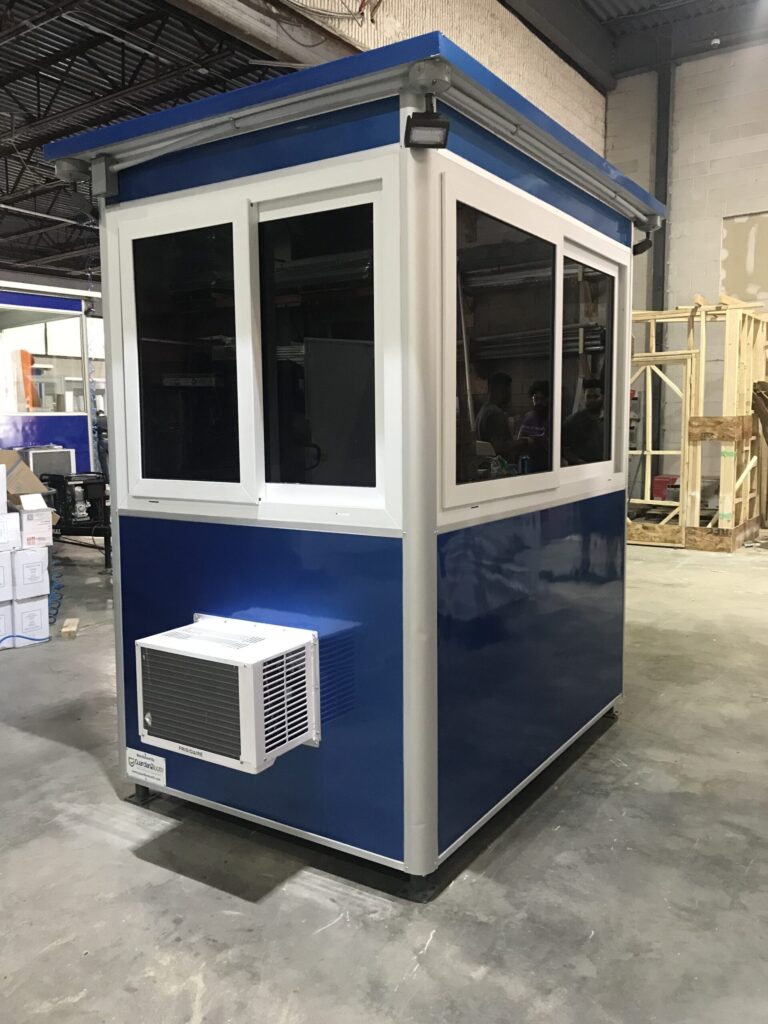 4x6 Security Guard Booth in Louisville, KY with Tinted Windows, Outside Spotlights, Custom Exterior Color, Built-in AC, and Key Hooks