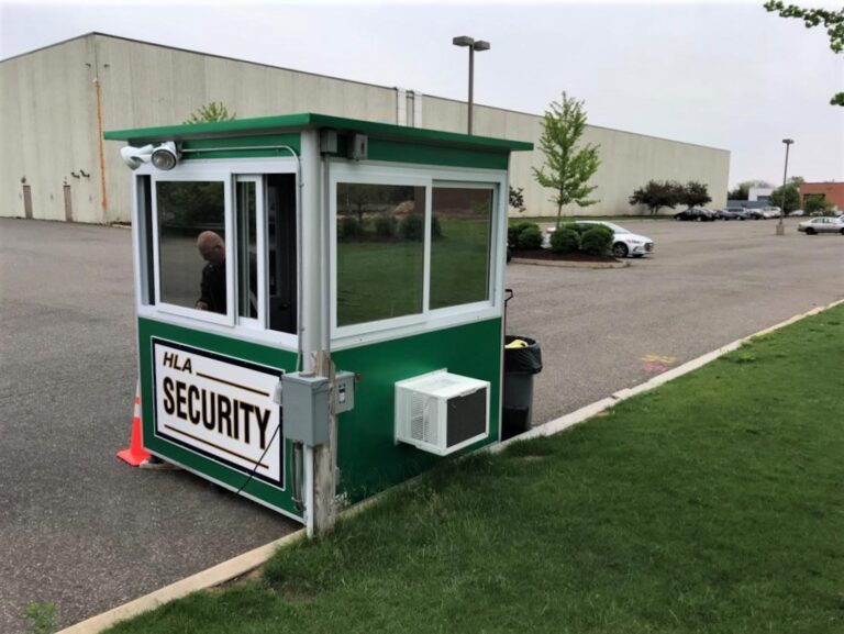 6x6 Security Guard Booth in Farmingdale, NY outside a Warehouse with Built-in AC, Breaker Panel Box, and Custom Exterior Color