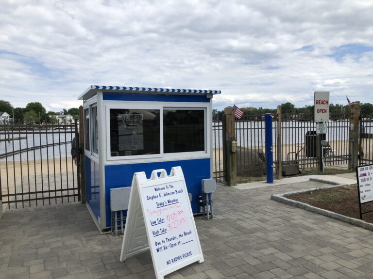 6x6 Ticket Booth In Mamaroneck, NY outside Beach entrance with Tinted Windows, Breaker Panel Box, Sliding Window, Swing Door