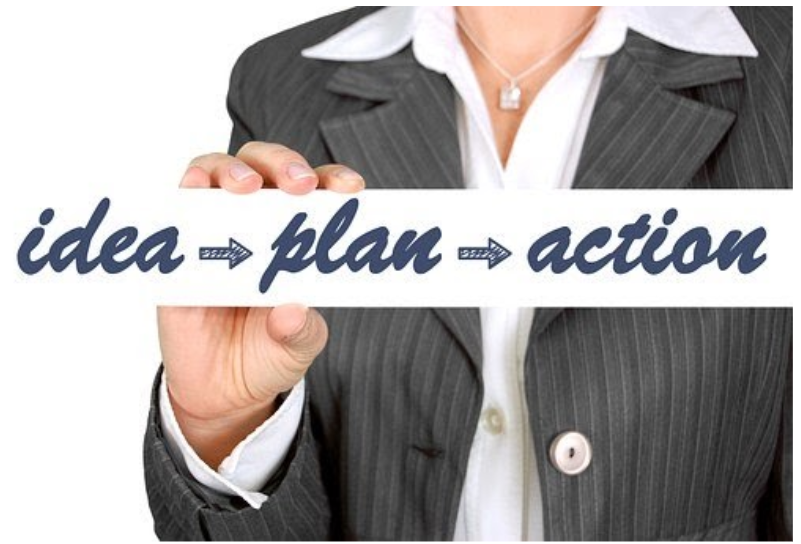 Woman holding words ideas-plan-action