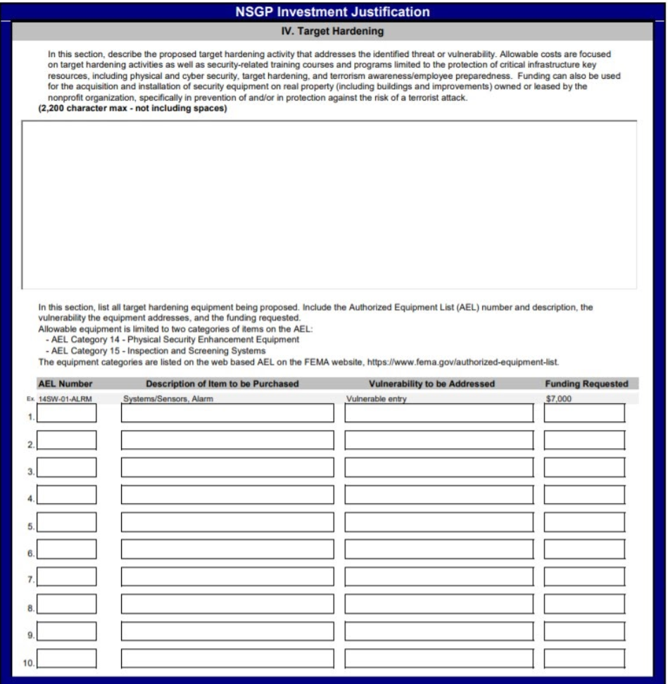 Sample page from the Nonprofit Security Grant Program Investment Justification