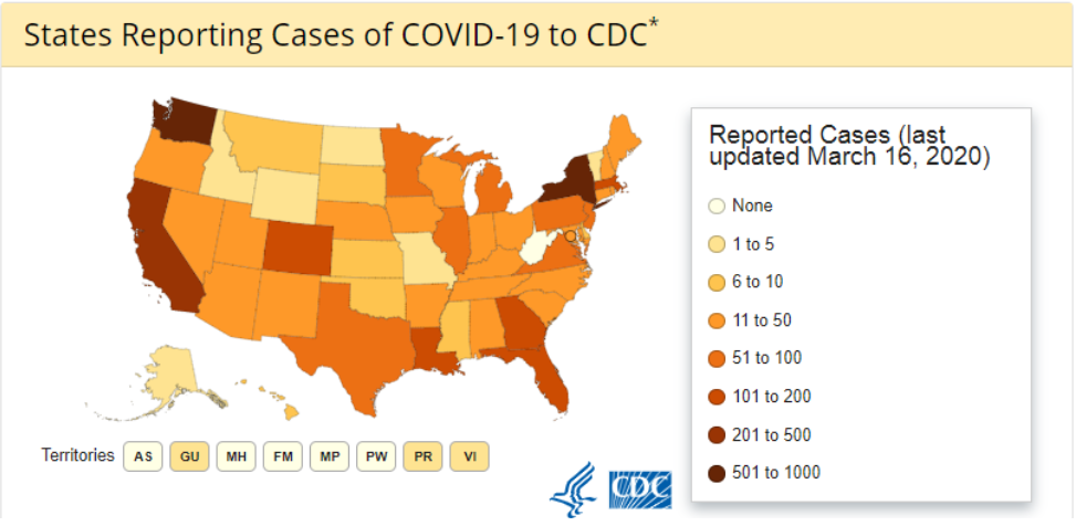 Map of states reporting cases of Covid-19