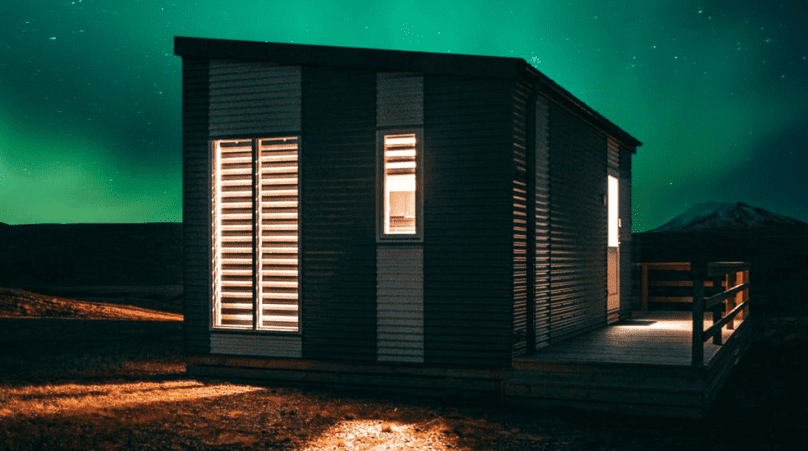 man cave shed as night descends