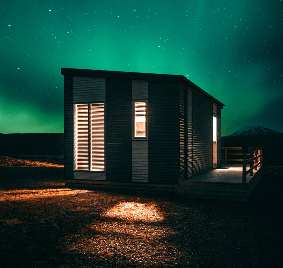 man cave shed as night descends