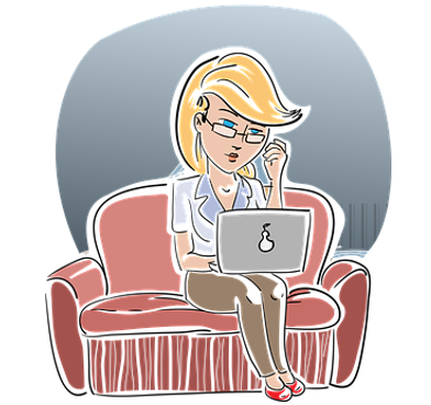 Cartoon woman sitting on couch with laptop