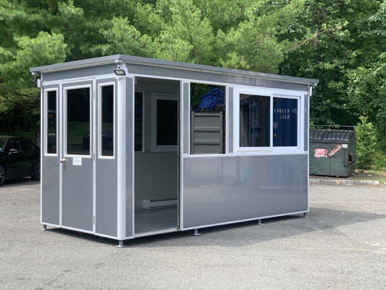 7x14 Construction Site Booth in Franklin IN with Sliding Door with Fixed Window, Tinted Windows, Custom Vinyl Wrap, Outside Spotlights, Exterior Panel Box, Anchoring Brackets 2