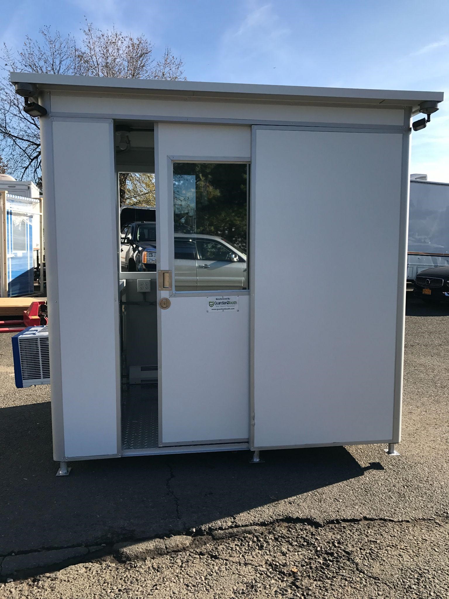white booth with sliding door