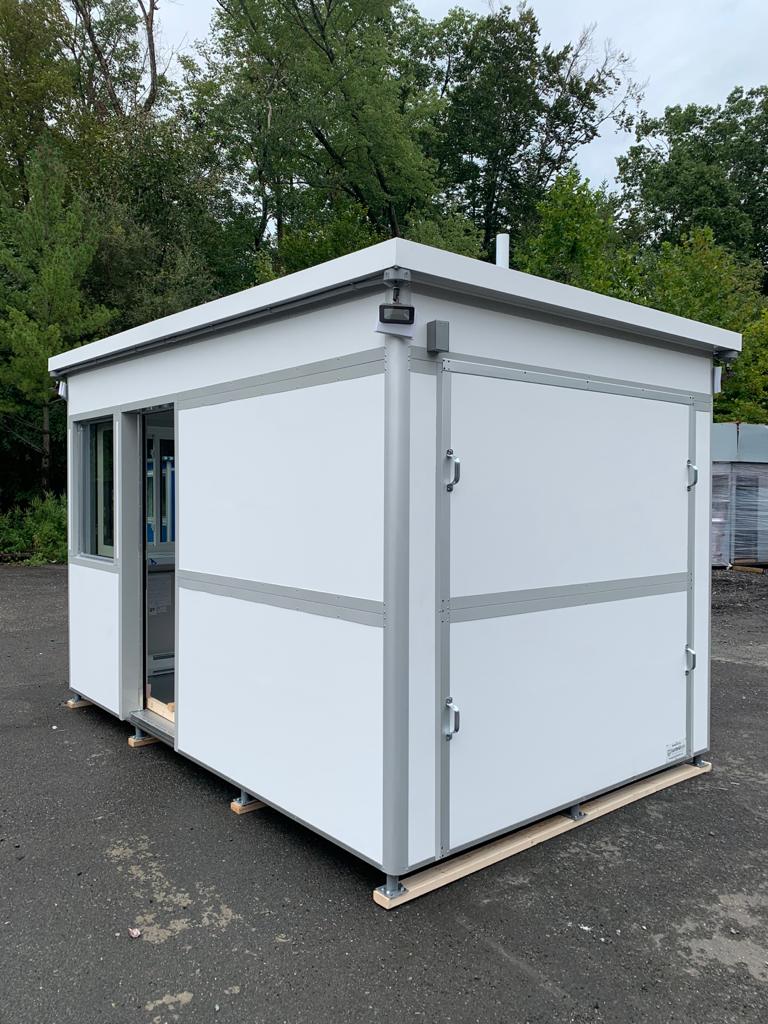 8x12 Security Guard Booth in Springfield, OH with Siding Doors, Custom Exterior Wrap, Restroom, Safety Package, Breaker Panel Box and Built-in AC
