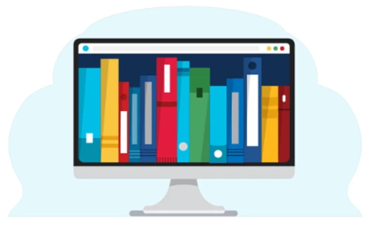 Cartoon picture of books on a computer