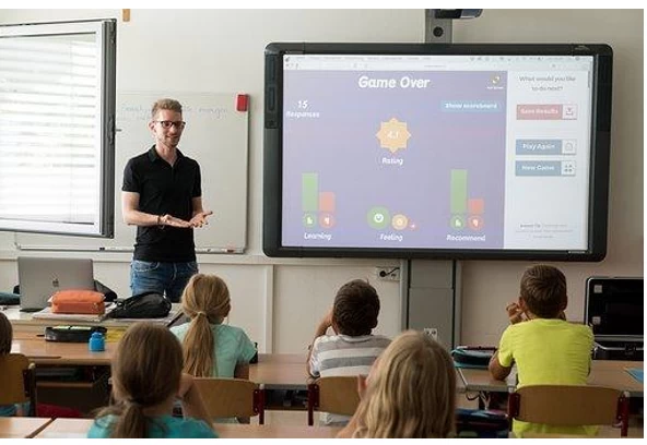 Teacher in front of white board and students
